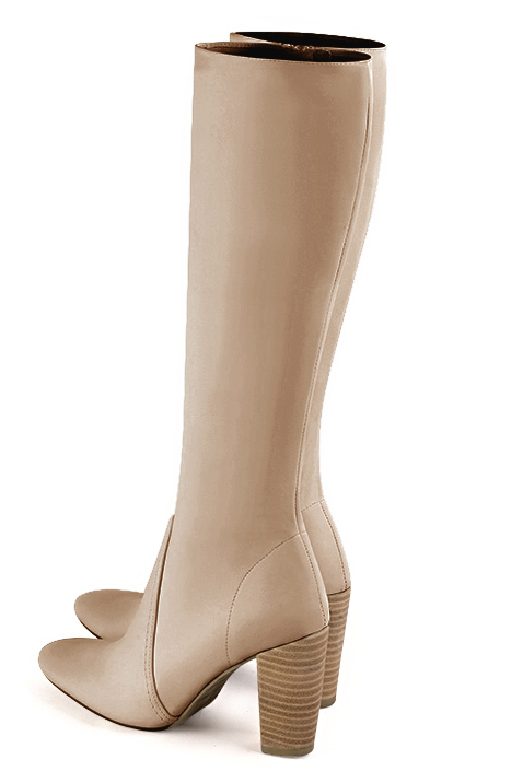 Tan beige women's feminine knee-high boots. Round toe. High block heels. Made to measure. Rear view - Florence KOOIJMAN